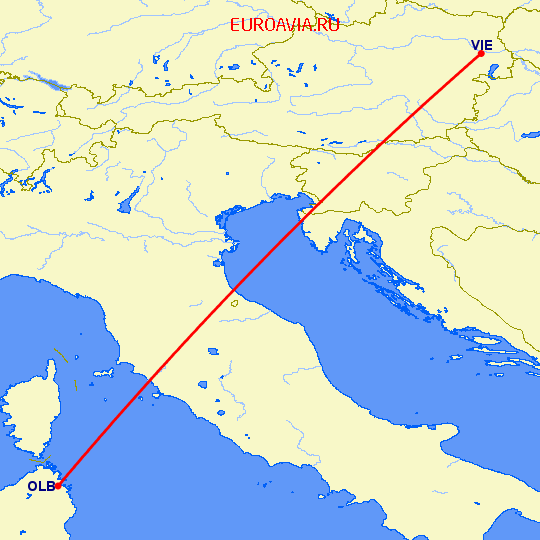 перелет Вена — Costa Smeralda на карте