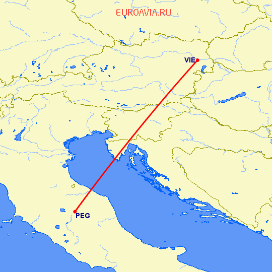 перелет Вена — Перужия на карте