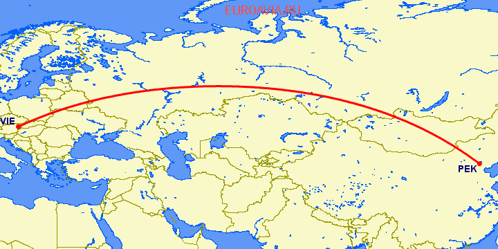перелет Вена — Пекин на карте