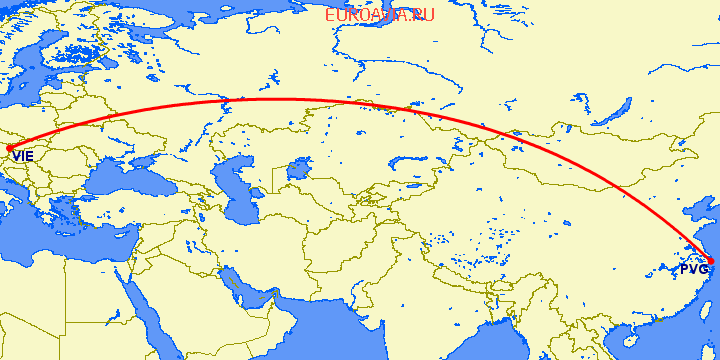 перелет Вена — Шанхай на карте