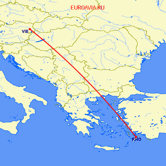 перелет Вена — Родос на карте