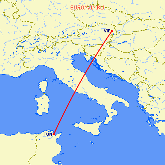 перелет Вена — Тунис на карте