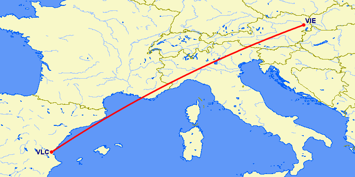 перелет Вена — Валенсия на карте