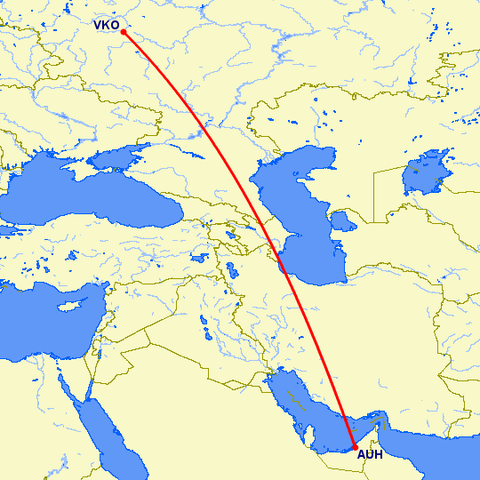 перелет Москва — Абу Даби на карте