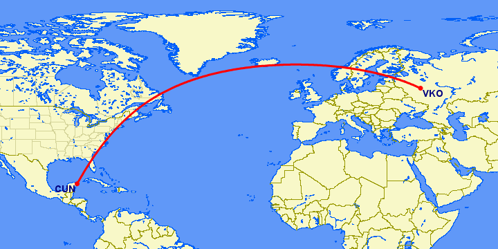 перелет Москва — Канкун на карте