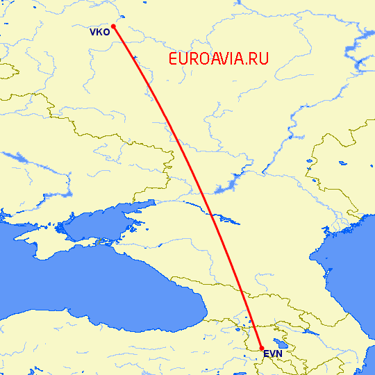 перелет Москва — Ереван на карте
