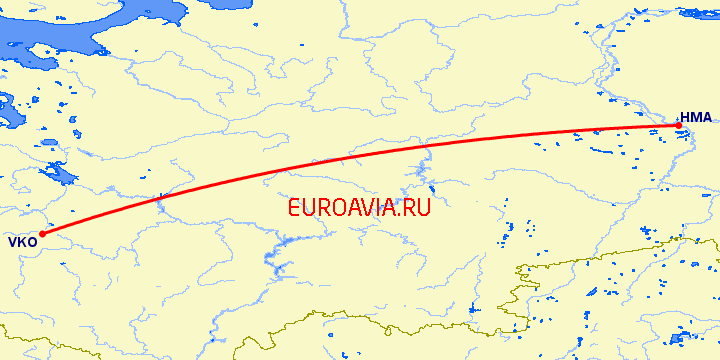 перелет Москва — Ханты Мансийск на карте