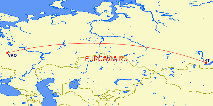 перелет Москва — Иркутск на карте