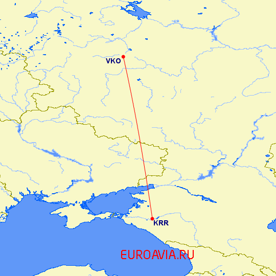 перелет Москва — Краснодар на карте
