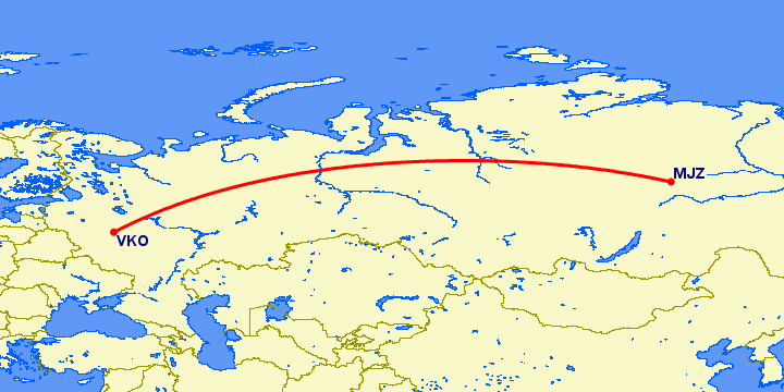 перелет Москва — Мирный на карте