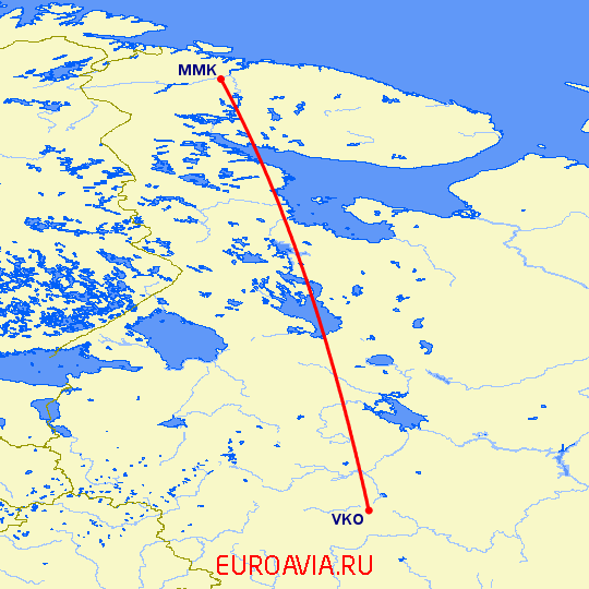 перелет Москва — Мурманск на карте