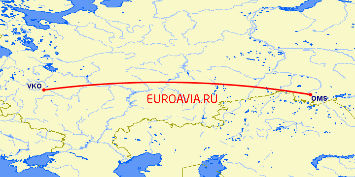 перелет Москва — Омск на карте