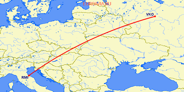 перелет Москва — Римини на карте