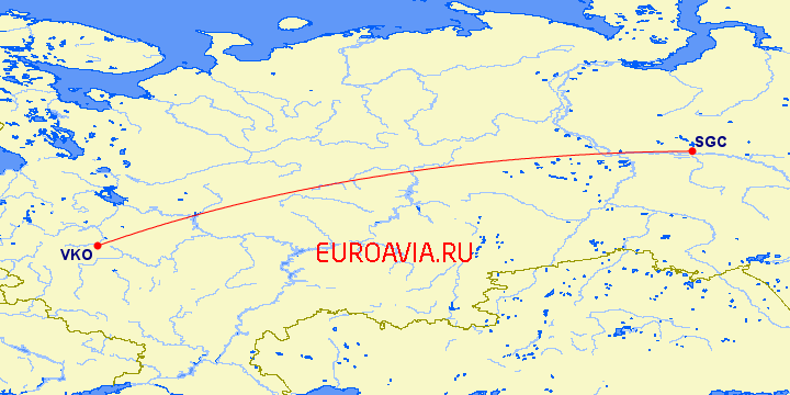 перелет Москва — Сургут на карте