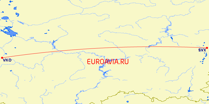 перелет Москва — Екатеринбург на карте