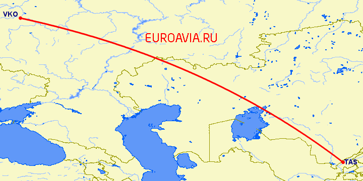 перелет Москва — Ташкент на карте