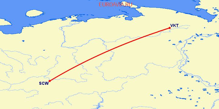 перелет Воркута — Сыктывкар на карте