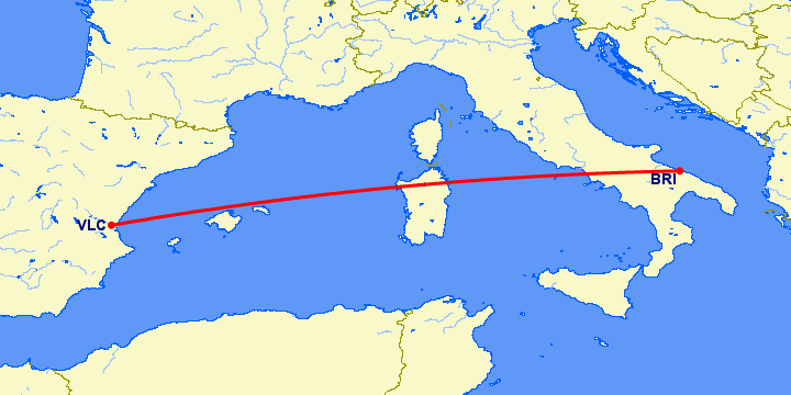 перелет Валенсия — Бари на карте