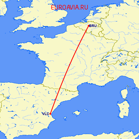 перелет Валенсия — Брюссель на карте