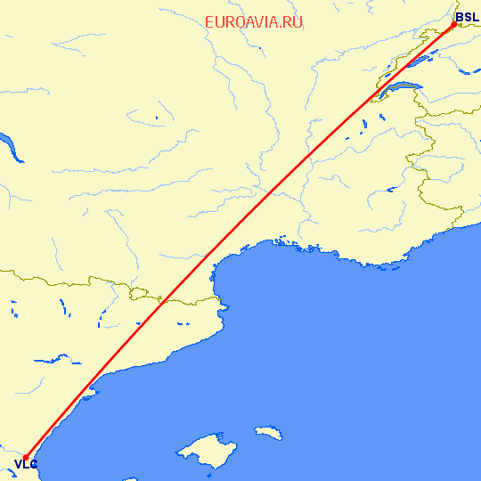 перелет Валенсия — Базель-Мюлуз на карте