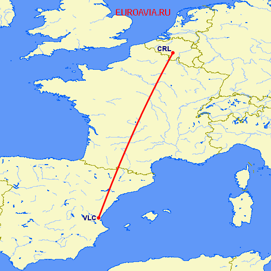перелет Валенсия — Шарлеруа на карте