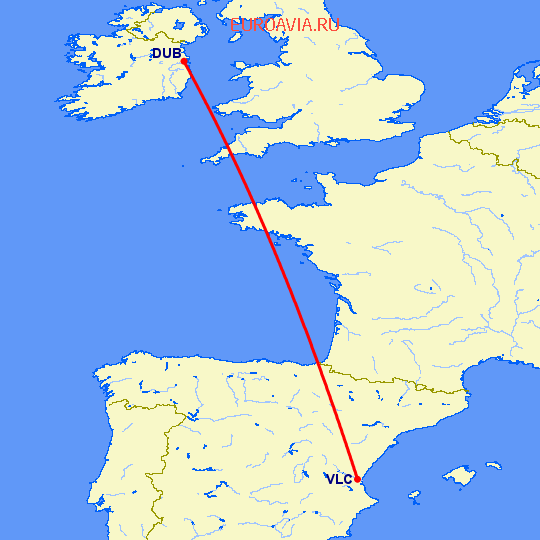 перелет Валенсия — Дублин на карте