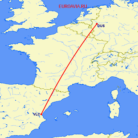 перелет Валенсия — Дюссельдорф на карте