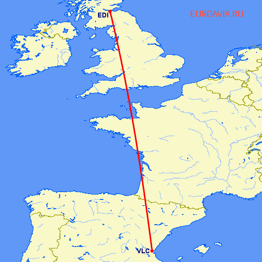 перелет Валенсия — Эдинбург на карте