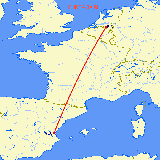 перелет Валенсия — Эйндховен на карте