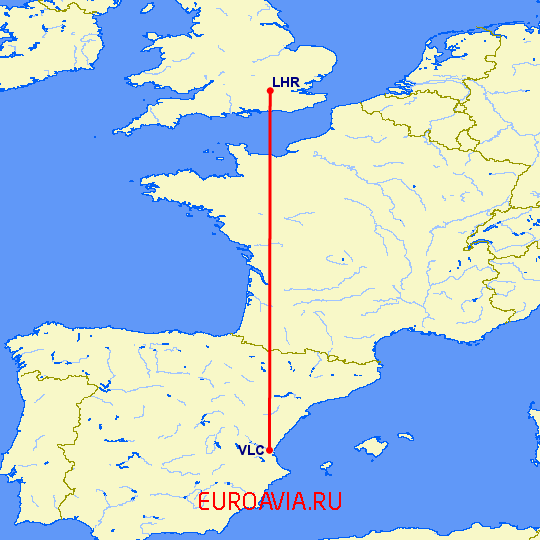 перелет Валенсия — Лондон на карте