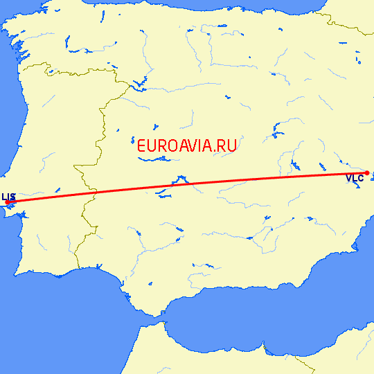 перелет Валенсия — Лиссабон на карте
