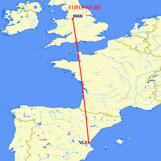перелет Валенсия — Манчестер на карте