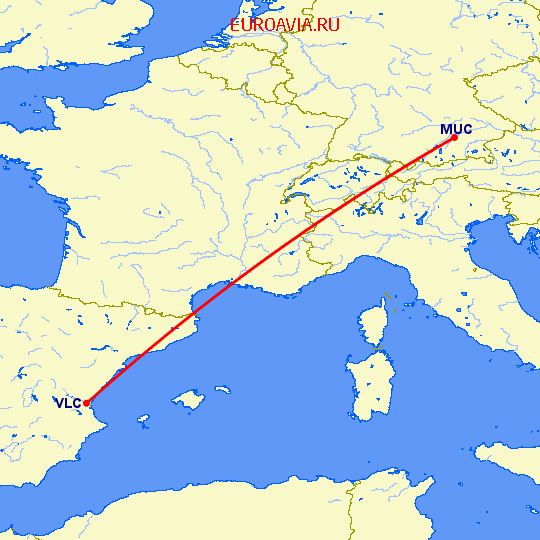 перелет Валенсия — Мюнхен на карте
