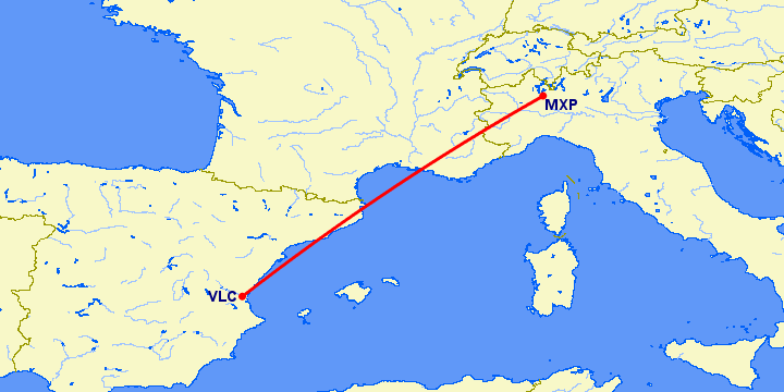 перелет Валенсия — Милан на карте