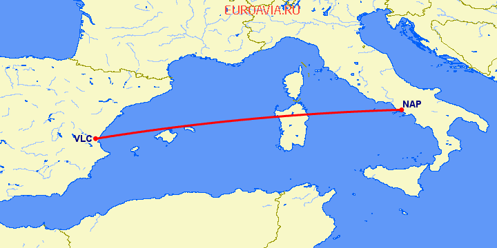 перелет Валенсия — Неаполь на карте