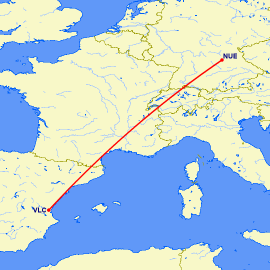 перелет Валенсия — Нюремберг на карте