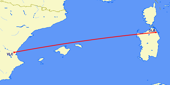 перелет Валенсия — Ольбия на карте