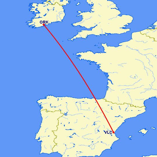 перелет Валенсия — Корк на карте