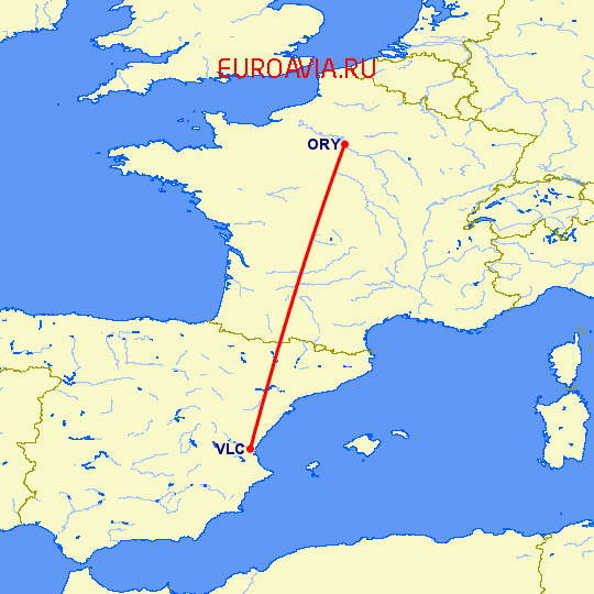 перелет Валенсия — Париж на карте