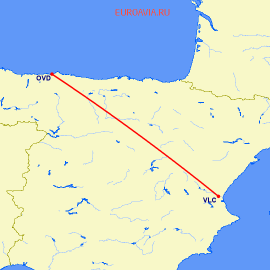 перелет Валенсия — Овьедо-Авилес на карте