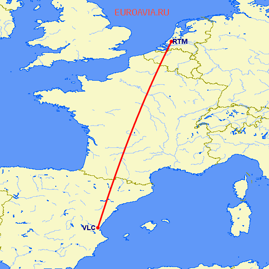 перелет Валенсия — Роттердам на карте