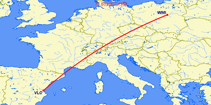 перелет Валенсия — Варшава на карте