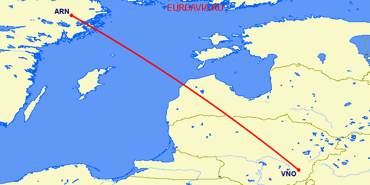 перелет Вильнюс — Стокгольм на карте