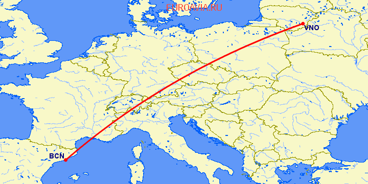 перелет Вильнюс — Барселона на карте