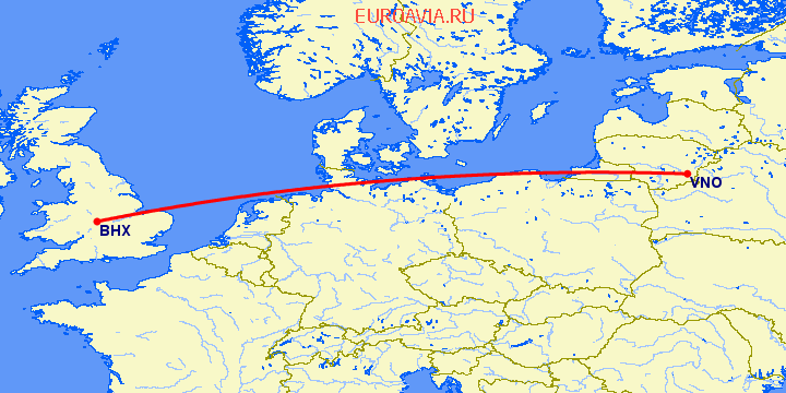 перелет Вильнюс — Бирмингем на карте