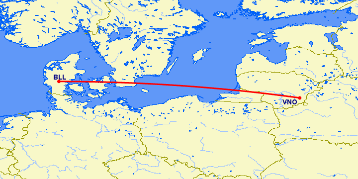 перелет Вильнюс — Биллунд на карте