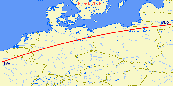 перелет Вильнюс — Париж на карте