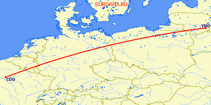 перелет Вильнюс — Париж на карте