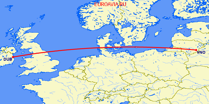 перелет Вильнюс — Дублин на карте