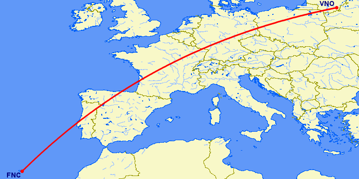 перелет Вильнюс — Фуншал  на карте